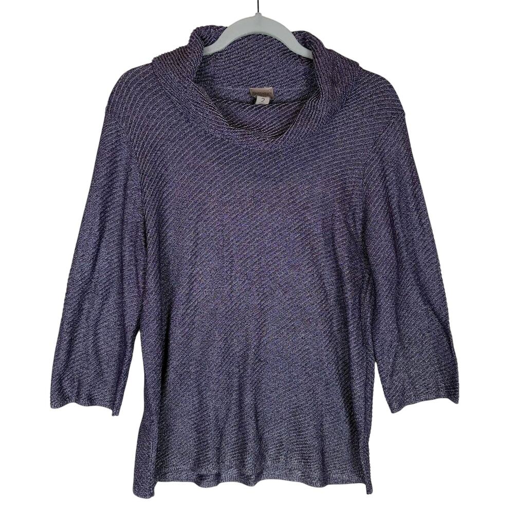 Chico's Easywear Sweater Womens 2 Purple Metallic Rayon Knit Cowl Neck Pullover